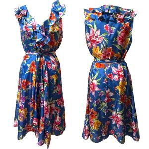 Lauren Ralph Lauren Blue Floral Ruffle Tie Waist Midi Dress Women's 12P Silk